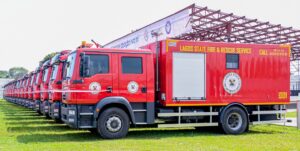 Governor Sanwo-Olu Commissions New Fire Fighting Trucks At The Sports Ground At Lagos House, Alausa