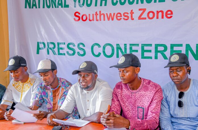 Left-Right: Oyo State Chairman, National Youth Council of Nigeria (NYCN), Comrade Olusegun Abdusalam; Lagos State Public Relations Officer, Comrade Abiodun Ajayi; Vice President (South-West zone), Comrade Tomi Amosu; Ogun State Chairman, Comrade Abduljabar Aiyelagbe; Ondo State Chairman, Comrade Matthew Ogunmolawa and Ekiti State Chairman, Comrade Olusegun Famuyibo, during a press conference on the State of the Nation by NYCN, South-West zone in Lagos on Tuesday.