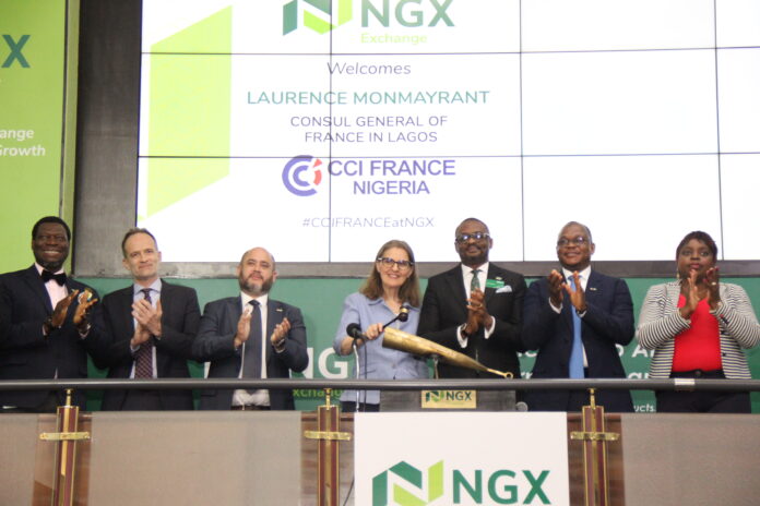 Left-Right: Dr. Olufemi Oyenuga, Chief Digital Officer, Nigerian Exchange Limited (NGX); Cyril Darneix, Economic Counsellor, Embassy of France; Guillaume Niarfeix, Board Member, Franco-Nigerian Chamber of Commerce and Industry; Laurence Monmayrant, Consul General, France Consulate, Lagos; Jude Chiemeka, Divisional Head, Capital Markets, NGX; Usman Mohammed, Chairman, Franco-Nigerian Chamber of Commerce and Industry and Irene Robinson-Ayanwale, Divisional Head, Business Support Services/General Counsel, NGX during a Closing Gong Ceremony for the Franco-Nigerian Chamber of Commerce and Industry, in honour of the French Consul General, Lagos on Tuesday, May 23, 2023, in Lagos.