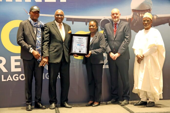 Left-Right: Organiser, Chinet Aviation and Cargo Conference, Ikechi Uko; Chairman, BOOF Resources, Chief Babatunde Olatunde-Agbeja; Head, Corporate Communications, Skyway Aviation Handling Company PLC, Adetola Vanessa Uansohia; Managing Director, Asaba Airport, Christophe Pennick; Director, Federal Airport Authority of Nigeria, Alhaji Yakubu-Funtua at the event.