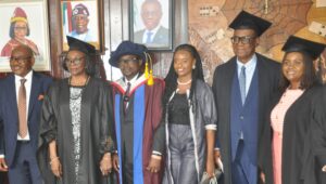 L-R - Chairman of the Occasion/ Pro- Chancellor & Chairman of Governing Council, Ajayi Crowther University, Dr. Olutoyin Okeowo, Vice Chancellor, Unilag, Professor Folasade Ogunsola, 1st Occupier of Dr.Adenuga  jr. Professorial Chair , Unilag, Professor Sunday Adebisi, Mrs Adetoun Adebisi, Chairman of Board of Trustees of Dr. Adenuga Professorial Chair, Professor Taiwo Osipitan and Registrar, Unilag, Mrs Olakunle Makinde during the first special annual lecture of Dr. Mike Adenuga  jr. Professorial Chair in Entrepreneurial Studies at University of Lagos on Tuesday.