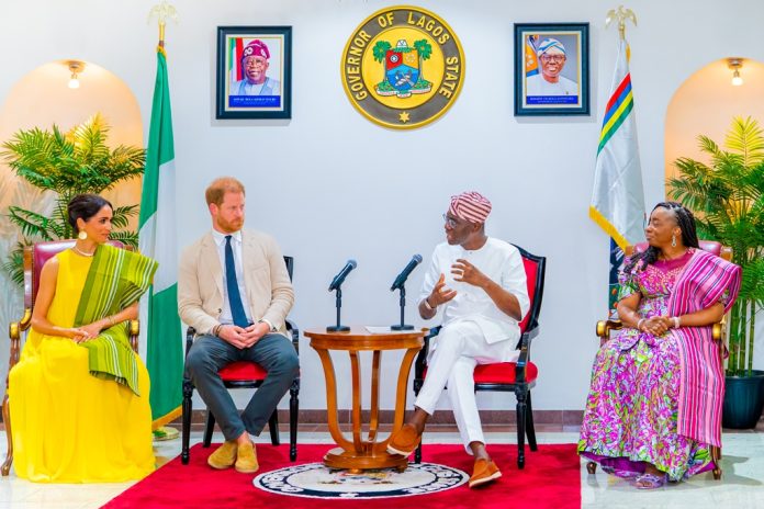 GOV. SANWO-OLU, FIRST LADY, DR. IBIJOKE RECEIVES THE DUKE AND DUCHESS OF SUSSEX, PRINCE HARRY AND MEGHAN MARKLE AT LAGOS HOUSE, MARINA, ON SUNDAY, MAY 12, 2024