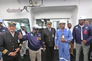 (2nd Left) Abdulkadir Ahmed, NLNG Shipping and Marine Servies Limited (NSML) MD/CEO and Andy Odeh (2nd right), NLNG’s GM, External Relations & Sustainable Development, during a visit to AKTORAS, NLNG’s chartered newbuild and energy-efficient vessel, during her first voyage to NLNG’s Bonny Terminal, Rivers State. The vessel is managed by managed by NSML.