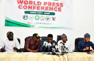 L-R: Chairman, National Association of University Students (Lagos),  Miracle Yemoh; Secretary, National Association of Nigerian Students (South-West), Sanni Sulaimon; Chairman, National Association of Nigerian Students (Lagos), Comrade Alimi Idris; President, National Union of Lagos State Students (NULASS), Olufowobi Hafeez and SUG President, Lagos State University, Dolapo Haroun, during a press Conference at Lagos State College of Medicine, Ikeja, Lagos, on Tuesday, July 23, 2024.