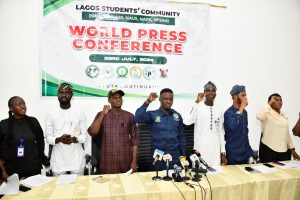 L-R: SUG President, Tai Solarin University of Education, Olagunju Dorcas, Chairman, National Association of University Students (Lagos),  Miracle Yemoh; Secretary, National Association of Nigerian Students (South-West), Sanni Sulaimon; Chairman, National Association of Nigerian Students (Lagos), Comrade Alimi Idris; President, National Union of Lagos State Students (NULASS), Olufowobi Hafeez and SUG President, Lagos State University, Dolapo Haroun and Assistant General Secretary, National Association of Polytechnic Students (South-West), Zainab Yakub, during a press Conference at Lagos State College of Medicine, Ikeja, Lagos, on Tuesday, July 23, 2024.