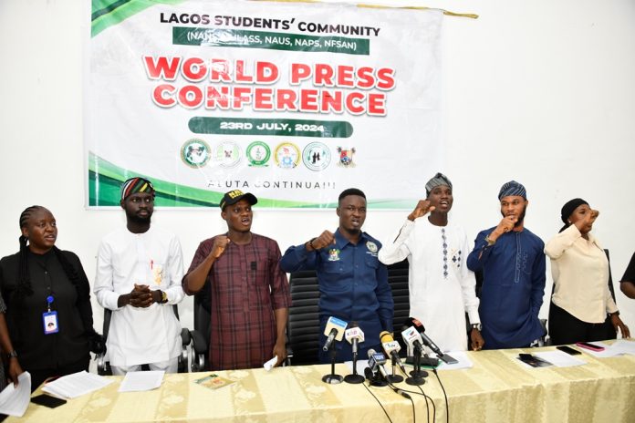 L-R: SUG President, Tai Solarin University of Education, Olagunju Dorcas, Chairman, National Association of University Students (Lagos), Miracle Yemoh; Secretary, National Association of Nigerian Students (South-West), Sanni Sulaimon; Chairman, National Association of Nigerian Students (Lagos), Comrade Alimi Idris; President, National Union of Lagos State Students (NULASS), Olufowobi Hafeez and SUG President, Lagos State University, Dolapo Haroun and Assistant General Secretary, National Association of Polytechnic Students (South-West), Zainab Yakub, during a press Conference at Lagos State College of Medicine, Ikeja, Lagos, on Tuesday, July 23, 2024.