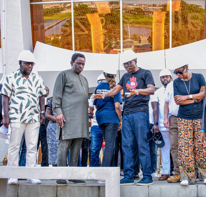 l-r: Project Manager, Mrs. Jumoke Akinwunmi; CEO, Shared Agent Network Expansion Facilities Limited (SANEF), Mrs. Ronke Kuye; Governor of Lagos State, Mr. Babajide Sanwo-Olu and ECAD Architects, Mr. Adetokunbo Laoye during the governor’s visit to the reformed and upgraded Wole Soyinka Centre for Culture and Creatives Arts (formerly National Arts Theatre), Iganmu, on Sunday, 11 August 2024