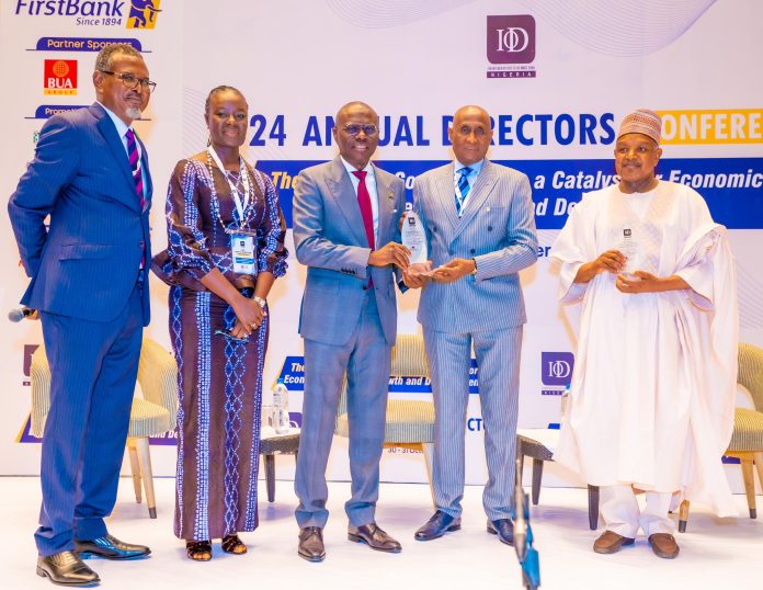 l-r: Director General/CEO, Chartered Institute of Directors (CIoD), Nigeria, Mr. Dele Alimi; Chairperson, National Organising Committee, Annual Directors Conference, CIoD, Dr. Fatumata Coker; Governor of Lagos State, Mr. Babajide Sanwo-Olu; President & Chairman of Governing Council, CIoD Nigeria, Alhaji Tijjani Borodo and representing President Bola Tinubu, the Minister of Budget and Economic Planning, Alhaji Abubakar Atiku Bagudu, during the opening session of the CIoD Conference themed: “Good Governance as a Catalyst for Economic Recovery, Growth and Development” at the Eko Hotels and Suites, Victoria Island, on Wednesday, 30 October 2024.