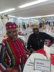 Otunba Ja'afaru Braimoh, Ba'ada Ilufemiloye1 of France and Prince Olaniyan Lamidi Adeyemi, Prince of Late Alaafin Lamidi Adeyemi of Oyo Kingdom at the Asawa Day Festival Gala Dinner Awards Night in Paris France 2024.