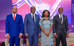 L-R: Wamkele Mene, Secretary General of the AfCFTA; Samaila Zubairu, President & CEO of Africa Finance Corporation (AFC); Trudi MAKHAYA, Partner, BCG, and Roosevelt Ogbonna, Managing Director/CEO, Access Bank, shortly after their conversation on 'Fast-tracking African Integration: The Private Sector Imperative', held at the Africa CEO Forum in Abidjan, Côte d'Ivoire... recently.