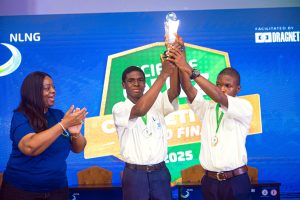 Sophia Horsfall, NLNG’s GM, External Relations & Sustainable Development, cheering Udoka Delight and Uguta Emmanuel of Community Secondary School, Igbo Etche, Champions of the 2025 NLNG Science Quiz Competition after receiving their award in Port Harcourt…on Saturday.