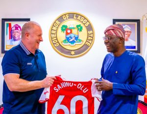  L-R: CEO, Adidas Global Emeging Markets, Dave Thomas and Governor of Lagos State, Mr. Babajide Sanwo-Olu, during a courtesy visit at Lagos House, Marina on Tuesday, 1st June, 2025.