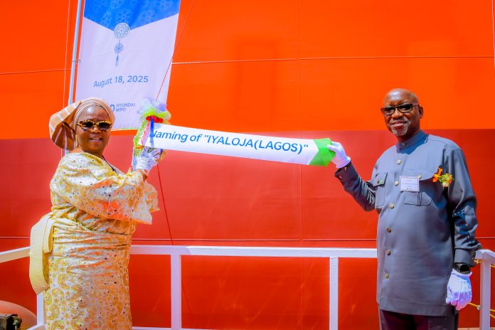 Minister of State for Petroleum Resources (Gas), Rt. Hon. Ekperikpe Ekpo (representing the President) and the Iyaloja-General of Nigeria, Alhaja Folasade Mujidat Tinubu-Ojo at the official naming ceremony of the 40,000 cubic metres (CBM) WAGL Energy Limited’s Liquiefied Petroleum Gas (LPG) vessel in Ulsan, South Korea, on Monday. Minister of State for Petroleum Resources (Gas), Rt. Hon. Ekperikpe Ekpo (representing the President) and the Iyaloja-General of Nigeria, Alhaja Folasade Mujidat Tinubu-Ojo at the official naming ceremony of the 40,000 cubic metres (CBM) WAGL Energy Limited’s Liquiefied Petroleum Gas (LPG) vessel in Ulsan, South Korea, on Monday.