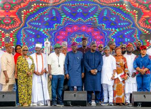 Lagos State Governor, Mr. Babajide Sanwo-Olu (6th right); flanked by Permanent Secretary, Federal Ministry of Housing and Urban development, Dr. Shuaib Belgore (right) the Special Adviser to the Governor on E-Gis & Urban Development, Dr. Olajide Babatunde (left) and others, during a 1-Day Sensitization Programme on the Incessant Building Collapse in Nigeria and Launch of the Lagos Certified Structural Integrity Program (CSIP) at Tafawa Balewa Square on Wednesday, August 13, 2025.   