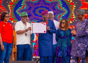 L-R: Lagos State Governor, Mr. Babajide Sanwo-Olu (middle); flanked by Special Adviser to the Governor on E-Gis & Urban Development, Dr. Olajide Babatunde (left); the Chief Resilience Officer, Lagos State Resilience Office (LASRO), Dr. Folayinka Dania (right); Commissioner for Physical Planning & Urban Development, Dr. Olumide Oluyinka (right) and others; during a 1-Day Sensitization Programme on the Incessant Building Collapse in Nigeria and Launch of the Lagos Certified Structural Integrity Program (CSIP) at Tafawa Balewa Square on Wednesday, August 13, 2025.     