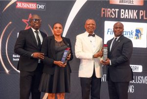 L-R Tunde Lawanson, Head, Marketing and Corporate Communications FirstHoldCo, Abiola Baruwa, Group Company Secretary FirstHoldCo, Frank Aigbogun, Publisher, BusinessDay, and Tolu Oluwole, Head, Investor Relations, FirstHoldCo.