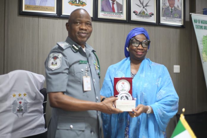 Bashir Adewale Adeniyi (MFR) Comptroller-General of the Nigeria Customs Service and Hon. Dr. Abike Dabiri-Erewa, OON Chairman/CEO Nigerians In Diaspora Commission (NIDCOM) on a courtesy visit at customs office in Abuja.