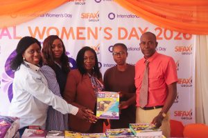 L–R: Head of Legal Services and Company Secretary, SIFAX Group, Jesuyemisi Odeyemi; Head, Head of Marketing and Customer Services, SIFAX Group, Catherine Abuah; Head of Corporate Communications, SAHCO PLC, Vanessa Uansohia alongside the Vice Principal and Principal of United Christian Senior Secondary School, Apapa Lagos during  SIFAX Group's empowerment visit to the school on Thursday.