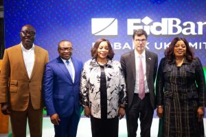 From Left-Right: Lagos State Governor Babajide Sanwo-Olu, represented by the Honourable Commissioner for Finance, Mr. Abayomi Oluyomi; Managing Director/Chief Executive Officer, FidBank UK Ltd, Mr. Johnson Ememandu; Chairman, Fidelity Bank Plc, Mrs. Amaka Onwughalu; British Deputy High Commissioner in Lagos, Mr. Jonny Baxter; and Chairman, FidBank UK Ltd/CEO, Fidelity Bank Plc, Dr. Nneka Onyeali-Ikpe, during the exclusive FidBank UK product showcase at the British Deputy High Commissioner’s residence in Lagos recently.