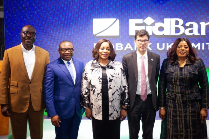 From Left-Right: Lagos State Governor Babajide Sanwo-Olu, represented by the Honourable Commissioner for Finance, Mr. Abayomi Oluyomi; Managing Director/Chief Executive Officer, FidBank UK Ltd, Mr. Johnson Ememandu; Chairman, Fidelity Bank Plc, Mrs. Amaka Onwughalu; British Deputy High Commissioner in Lagos, Mr. Jonny Baxter; and Chairman, FidBank UK Ltd/CEO, Fidelity Bank Plc, Dr. Nneka Onyeali-Ikpe, during the exclusive FidBank UK product showcase at the British Deputy High Commissioner’s residence in Lagos recently.