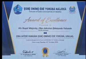 Oba Fálùádé Honoured With Award Of Excellence As 'Ọba Afèdè-Yangàn' By Yoruba Studies Association
